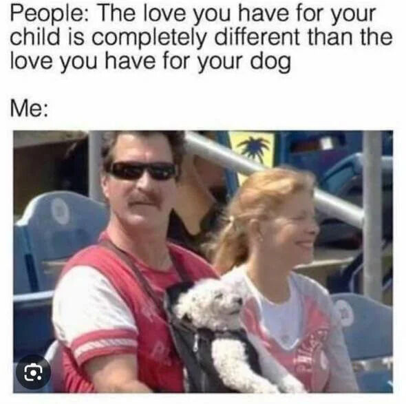 A meme featuring two sections of text followed by a photograph. The top text reads 'People: The love you have for your child is completely different than the love you have for your dog' and is followed by 'Me:'. Below the text is a photograph of a man and woman sitting in stadium seats. The man is wearing a red and white shirt and sunglasses, holding a small white fluffy dog in a carrier as if it were a baby. The woman next to him is smiling and looking to the side. The humor lies in the contrast between the 'People' statement claiming distinct love types and the 'Me' scenario showing the dog being treated with the same affection as a child.