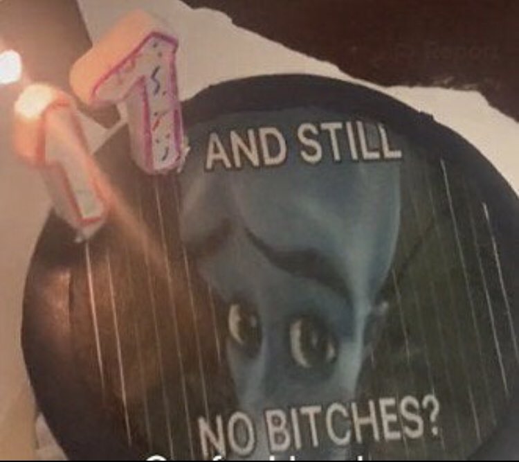 The image displays a round first birthday cake. On the left side, a decorative number 1 candle with pink edges and sprinkles is placed next to partially visible lit birthday candles. The top surface of the cake is printed with the widely recognizable Megamind reaction meme: the animated character Megamind appears with a wide-eyed teasing expression, with the text 'AND STILL' printed above his head, and the text 'NO BITCHES?' printed below his face, creating an absurd and humorous juxtaposition with the context of a 1st birthday celebration.
