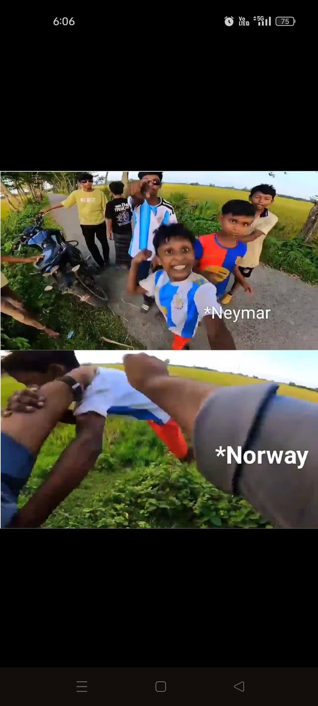 This is a two-panel sports meme. The top panel depicts a young South Asian boy wearing a blue-and-white striped football jersey grinning excitedly and leaning towards the camera, standing on a rural paved road next to green crop fields with a group of other children and a motorcycle in the background; this panel is labeled *Neymar. The bottom panel shows the same boy being dragged roughly off-camera by an adult arm, labeled *Norway. The meme jokes about the 2026 FIFA World Cup qualification match where Norway defeated Brazil, eliminating Neymar's team from the tournament, framing Neymar/Brazil as overconfident before being quickly beaten and acting like sore losers after the loss.