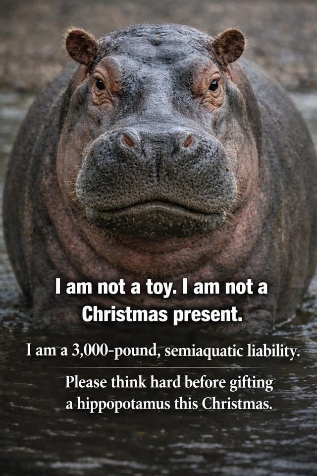 A close-up photograph of a hippopotamus partially submerged in water, facing the camera with a neutral expression. Overlaid in white text is the hippo's humorous self-declaration: 'I am not a toy. I am not a Christmas present. I am a 3,000-pound, semiaquatic liability. Please think hard before gifting a hippopotamus this Christmas.' The meme uses personification to satirize the idea of gifting exotic or impractical animals during the holiday season, blending humor with a lighthearted warning.