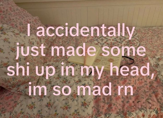 The meme features a soft, cozy aesthetic background of a bed covered in pink and white floral patterned bedding, with an open book resting on the sheets. Overlaid across the image in large, pale pink text is the relatable statement: 'I accidentally just made some shi up in my head, im so mad rn', where 'shi' is a censored spelling of the expletive 'shit'. The text describes the common experience of overthinking, inventing untrue upsetting scenarios or narratives that exist only in one's imagination, then feeling frustrated or angry at the made-up situation.
