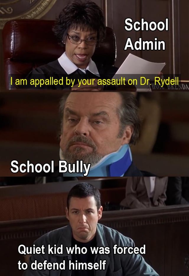 A three-panel meme depicting a common school scenario. The top panel shows a school administrator looking appalled while reading from a paper, labeled 'School Admin'. The middle panel shows a person with a blue face mask labeled 'School Bully'. The bottom panel shows a serious-looking individual labeled 'Quiet kid who was forced to defend himself'. The meme highlights the injustice where school administrators often blame the victim who defends themselves against bullying.