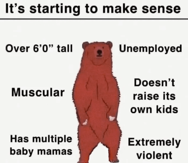 A meme featuring a red anthropomorphic bear standing upright. Surrounding the bear are various text labels listing negative traits: 'Over 6'0" tall', 'Unemployed', 'Muscular', 'Doesn't raise its own kids', 'Has multiple baby mamas', and 'Extremely violent'. At the top of the image, the text 'It's starting to make sense now' suggests a satirical implication that the bear's traits align with a negative stereotype, creating a humorous or mocking tone.