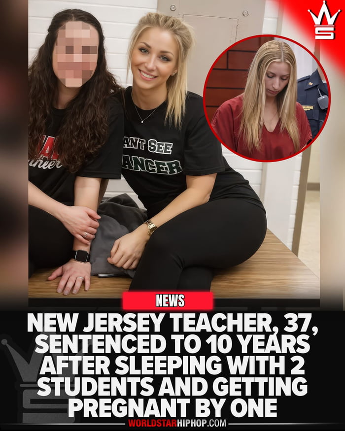 This meme is a news-style collage featuring two photos of a 37-year-old New Jersey teacher. The main image shows her smiling casually next to another person (whose face is pixelated), wearing a black shirt with partial text 'CAN'T SEE ANGER'. A circular inset in the top right displays her in a red prison uniform, head bowed with a remorseful expression. Below the photos, bold, white text on a black background provides the shocking context: **NEW JERSEY TEACHER, 37, SENTENCED TO 10 YEARS AFTER SLEEPING WITH 2 STUDENTS AND GETTING PREGNANT BY ONE**. The meme contrasts the teacher's friendly, everyday appearance with her criminal reality, aiming to shock viewers and elicit darkly humorous or stunned reactions, as implied by the original 9Gag title 'Hello can i go back to highschool' which jokes about the absurdity of the situation.