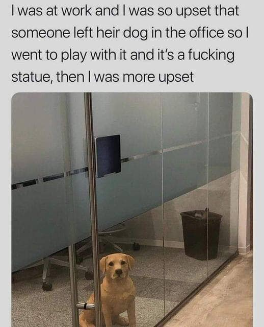 The meme consists of a text anecdote placed above a photograph of an office space. The text explains that the poster was upset at work when they noticed someone had left a dog unattended in the office, so they went to interact with the animal, only to realize it was a hyper-realistic statue, leaving them even more disappointed. The photo below shows a lifelike golden Labrador puppy statue sitting perfectly still behind a glass office partition, next to standard office furniture including a desk, rolling office chair, and trash bin, making it very easy to mistake the statue for a real dog at first glance. The humor comes from the relatable silly disappointment of expecting to play with a cute dog only to be tricked by a realistic statue.