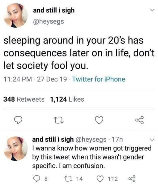This image is a screenshot of two consecutive public tweets from the same Twitter user @heysegs. The first original tweet, posted at 11:24 PM on 27 December 2019 via Twitter for iPhone, reads: 'sleeping around in your 20's has consequences later on in life, don't let society fool you.' It received 348 retweets and 1,124 likes. The second follow-up tweet from the same user, posted 17 hours later, reads: 'I wanna know how women got triggered by this tweet when this wasn't gender specific. I am confusion.' This follow-up received 8 comments, 14 retweets, and 112 likes. The comedic core of the meme comes from highlighting the implicit gendered assumption readers made: the original statement was not targeted at any specific gender, but many women interpreted it as a criticism aimed at them, leading to offended reactions. The user expresses confusion at this unintended targeted interpretation of their general statement.