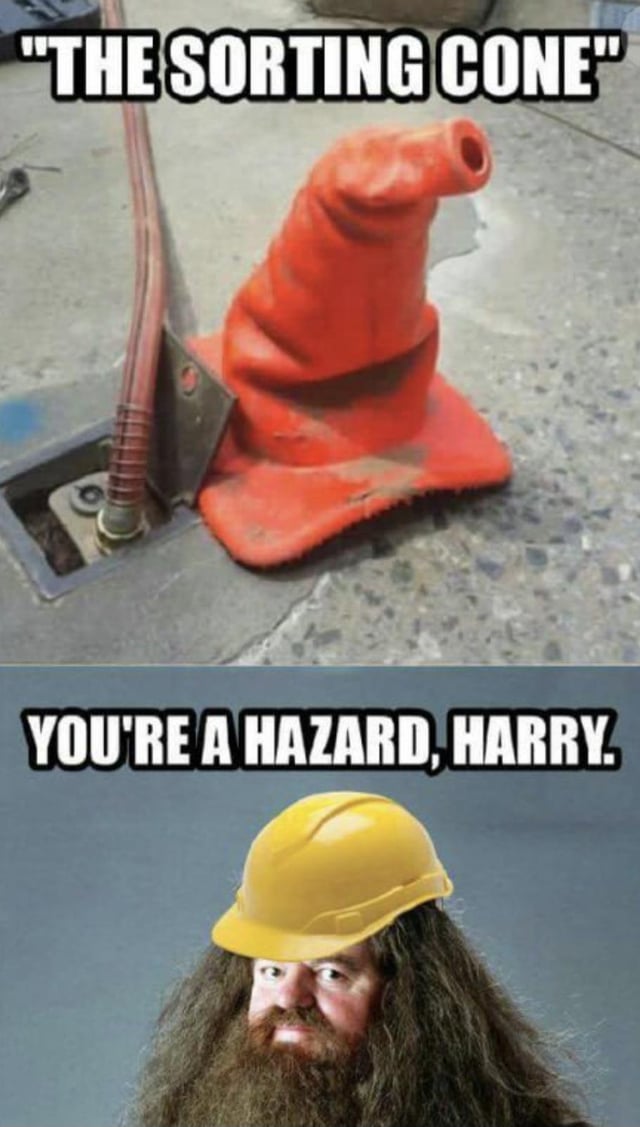 A two-panel meme parodying the Harry Potter franchise. The top panel shows a bent, worn orange traffic cone lying on a concrete surface with the text 'THE SORTING CONE,' humorously replacing the iconic Sorting Hat. The bottom panel features a person with long hair and a beard (resembling Rubeus Hagrid) wearing a yellow hard hat, with the text 'YOU'RE A HAZARD, HARRY'—a pun on the famous line 'You're a wizard, Harry,' substituting 'wizard' with 'hazard' to link construction safety with the original quote.