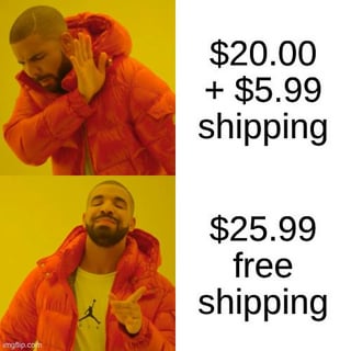 A split-panel meme featuring Drake in an orange puffer jacket against a yellow background. The top panel shows Drake with a dismissive gesture (hand near ear, turning away) next to the text '$20.00 + $5.99 shipping'. The bottom panel shows Drake with an approving gesture (pointing with thumb, leaning forward) next to the text '$25.99 free shipping'. The meme humorously highlights the consumer preference for 'free shipping' even when the total price is identical, playing on the psychological appeal of 'free' offers.