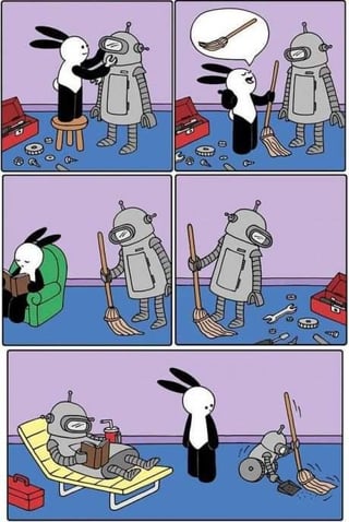 This is a 5-panel satirical comic. In the first panel, a black-and-white anthropomorphic rabbit stands on a stool repairing a large grey humanoid robot, with tools and a red toolbox scattered on the floor nearby. In the second panel, the rabbit holds a broom and communicates to the robot that it wants the robot to sweep the floor, with a broom illustrated in its speech bubble. In the third panel, the rabbit relaxes on a green armchair reading a book while the robot holds the broom ready to complete the chore. In the fourth panel, the robot is seen using the scattered tools to build another object. In the final punchline panel, the rabbit looks on in shock: the large robot is now relaxing on a lounge chair reading a book and drinking soda, while a smaller newly built robot is sweeping the floor, completing the task the larger robot was assigned. The joke plays on the humorous expectation that AI will adopt human-like lazy behavior of delegating assigned work to others instead of doing it themselves.