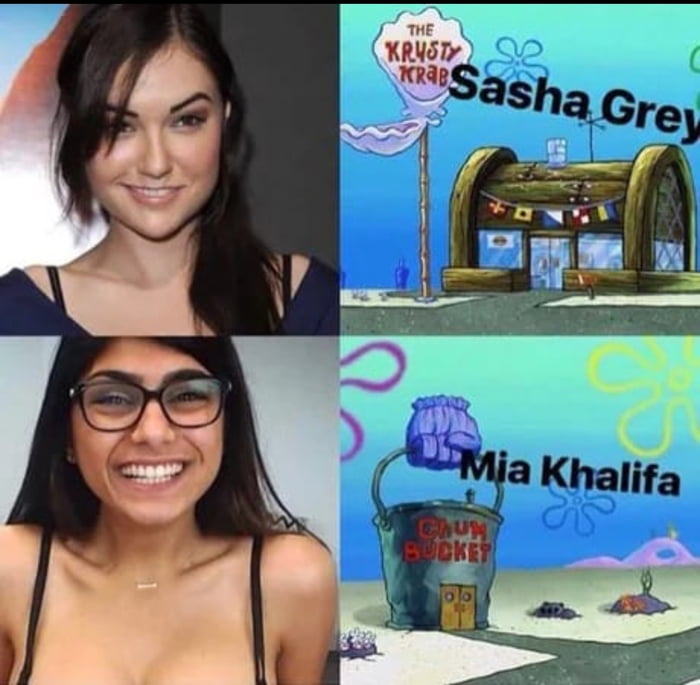 This is a 2x2 collage meme that uses the iconic Krusty Krab vs Chum Bucket dynamic from *SpongeBob SquarePants* to humorously compare two adult film stars: 
- Top row: A smiling portrait of Sasha Grey paired with the Krusty Krab, the show's beloved, popular restaurant.
- Bottom row: A broadly grinning portrait of Mia Khalifa paired with the Chum Bucket, the show's reviled, low-quality rival establishment.
The joke relies on public perception of the two performers' reputations in the adult entertainment industry, framing Sasha Grey as the 'superior' choice (mirroring the Krusty Krab's positive status) and Mia Khalifa as the less favorable option (mirroring the Chum Bucket's negative reputation).