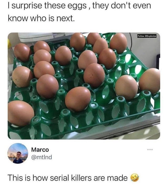 This is a meme consisting of a screenshot of a social media post. The top text reads 'I surprise these eggs, they don't even know who is next.' placed above a photo of a green plastic egg carton with brown eggs arranged randomly in scattered slots, with many slots left empty, meaning there is no way to predict which egg will be used or picked next. The meme's title 'Principle of Uncertainty' is a pun referencing Heisenberg's Uncertainty Principle from quantum physics, which states that you cannot know both the exact position and momentum of a particle at the same time, here applied to the unknowable order of the eggs. Below the egg photo, a comment from user Marco (@mtlnd) reads 'This is how serial killers are made 😂', sarcastically joking that the person who arranged the eggs to 'surprise' them by making their order of use unknown has the same playful, menacing mindset as a serial killer who toys with their victims. A small watermark reading 'Follow @Explorize' is present in the top right corner of the egg photo.