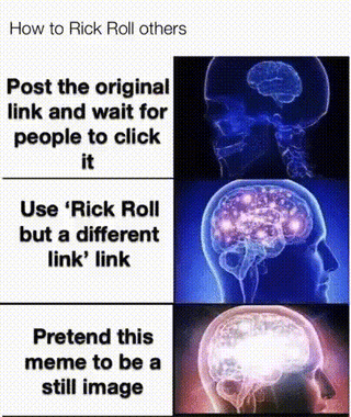 A tutorial-style GIF meme titled 'How to Rick Roll others' structured in three progressive steps. Each step features instructional text on the left and a corresponding brain scan image on the right, escalating in activity. The first step reads 'Post the original link and wait for people to click it' with a basic blue brain scan. The second: 'Use 'Rick Roll but a different link'' with a more active brain (purple highlights). The third: 'Pretend this meme to be a still image' with a fully illuminated brain. The bottom section reveals Rick Astley singing from his 'Never Gonna Give You Up' music video, completing the rickroll.