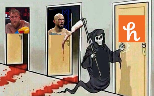 A meme depicting three sequential doors representing the chaotic last week of 2025. The first door shows a bearded person holding colorful objects (possibly pool toys). The second door reveals a bald individual with a bloody machete, with blood trails leading from the door. The third door features the Grim Reaper (a skeleton in a black robe) knocking on a door marked with an orange square and white 'h' logo. The image humorously suggests escalating chaos in the final week of 2025 through these successive, increasingly intense scenes.