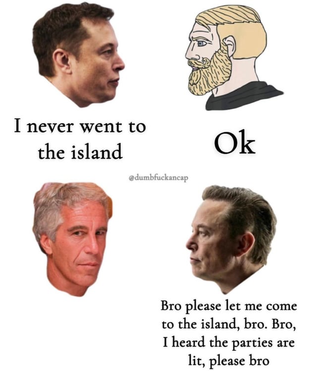 A collage meme with four headshots arranged in a 2x2 grid. Top-left: A real person's headshot with text 'I never went to the island'. Top-right: An animated bearded man's headshot with text 'Ok'. Bottom-left: Another real person's headshot facing forward. Bottom-right: The same real person as the top-left, with text 'Bro please let me come to the island, bro. Bro, I heard the parties are lit, please bro'. A watermark '@dumbfuckancap' is centered between the images. The meme humorously portrays a contradiction in statements about wanting to attend parties on 'the island'