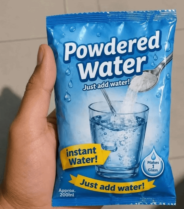 The image shows a person's hand holding a novelty fake product packet branded as 'Powdered Water'. The core joke of the meme is the completely redundant instruction printed repeatedly on the packet: 'Just add water!', as you are required to already have water to make the powdered water product, rendering the invention entirely useless. The packet also states it is 'instant Water', makes 1 glass (approximately 200ml), and has an illustration of white powder being poured from a spoon into a glass of water. The humor stems from the absurdity of creating and marketing a product that serves no practical purpose, requiring the exact end product as its only ingredient.