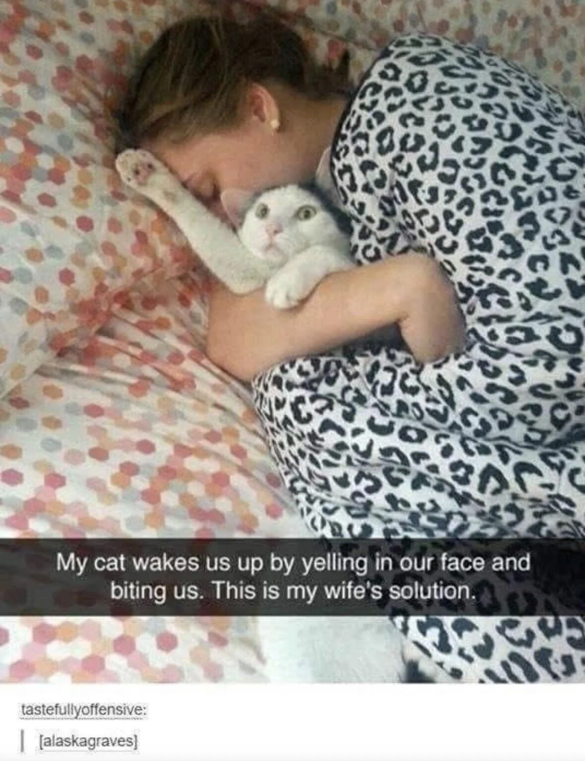 A heartwarming photograph of a person (referred to as 'my wife') sleeping in bed, wearing white leopard-print pajamas. They are curled up, hugging a small white cat with wide, alert eyes; the cat has one paw gently resting on the person's face. The bed features a colorful polka dot sheet with pink, orange, and gray dots. Below the image, a text overlay explains: 'My cat wakes us up by yelling in our face and biting us. This is my wife's solution.' The humor stems from the wife's creative solution to prevent the cat from disturbing sleep by cuddling it, highlighting a relatable, endearing pet-owner dynamic.