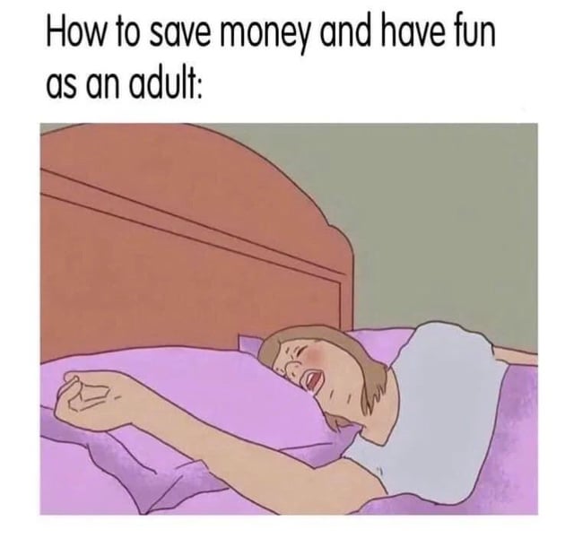This meme features text at the top reading 'How to save money and have fun as an adult:' followed by a simple cartoon illustration of a woman lying comfortably in bed sleeping with a happy, relaxed expression and a small amount of drool. The core joke is relatable adulting humor: it implies that sleeping is the only activity that is both entirely free (so it saves money) and enjoyable for adults, as most other popular leisure activities for grown-ups require spending money, poking fun at the financial pressures of adulthood.
