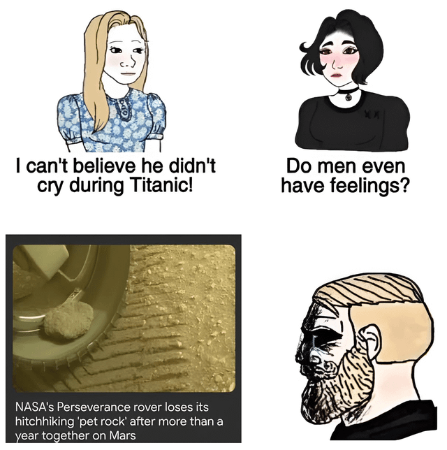 A 2x2 collage meme. Top-left: An animated blonde woman in a blue floral dress with the text 'I can't believe he didn't cry during Titanic!'. Top-right: An animated dark-haired woman in a black top with 'Do men even have feelings?'. Bottom-left: A photograph of NASA's Perseverance rover on Mars with a caption: 'NASA's Perseverance rover loses its hitchhiking pet rock after more than a year together on Mars'. Bottom-right: An animated bearded man with a somber expression, likely reacting to the rock loss. The meme humorously contrasts human skepticism about men's emotions (related to Titanic) with the implied 'grief' of the rover losing its rock, suggesting even inanimate/non-human entities can have emotional attachments.