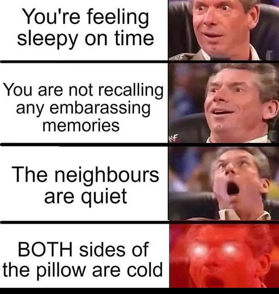 This is a 4-panel reaction meme that uses the Vince McMahon escalating reaction template. Each left panel lists a positive condition for falling asleep easily, while the right panel shows Vince McMahon with an increasingly shocked and excited expression, starting with mild surprise, growing to open-mouthed shock, and ending with an over-the-top edited version with glowing eyes and a red tint for maximum excitement. The conditions listed are: 1) You're feeling sleepy on your scheduled bedtime, 2) You are not replaying any embarrassing old memories in your head while trying to sleep, 3) Your neighbours are being quiet, 4) Both sides of your pillow are still cold. The meme jokes about how the combination of all these ideal sleeping conditions is extremely rare and a magical occurrence for anyone who struggles to fall asleep.