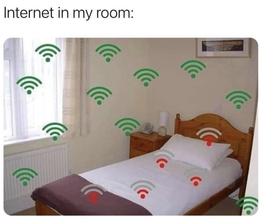 The meme has text at the top that reads 'Internet in my room:'. Below that is a photo of a small, simply furnished bedroom. All areas of the room including the walls, space near the window, next to the radiator, and corners are overlaid with green, full-bar wifi signal icons. In contrast, every part of the bed surface is overlaid with red, low or no-signal wifi icons, humorously depicting the common frustrating relatable experience of having perfect internet connection across the whole room, that cuts out immediately when you lay down on your bed to use your device.