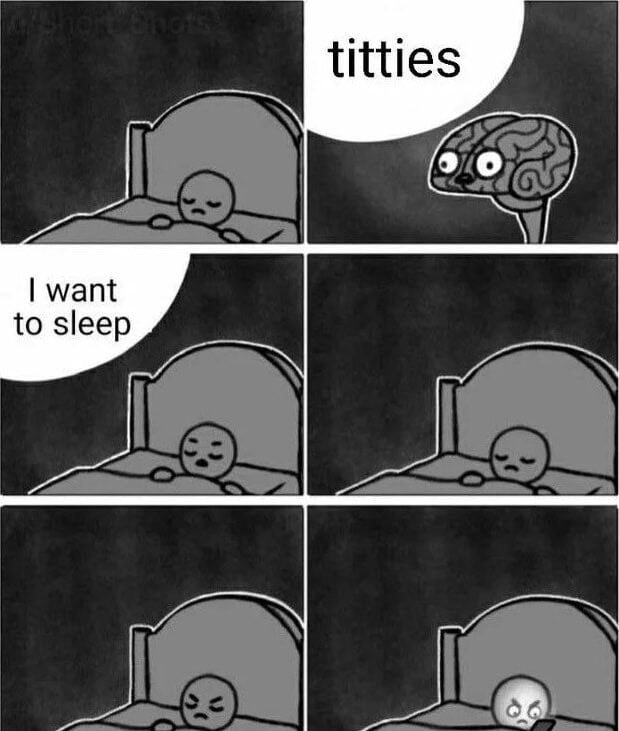 A 3x2 grid multi-panel comic meme. The first panel shows a simple-drawn person lying in bed with a sad expression. The second panel features an anthropomorphic brain with wide, round eyes saying 'titties' in a speech bubble. The third panel shows the person in bed, now with a speech bubble saying 'I want to sleep'. The fourth panel returns to the person still in bed, looking sad and restless. The fifth panel shows the person with an angry expression,眉头紧锁. The sixth and final panel depicts the person with a glowing brain (indicating overactivity) and a distressed expression, emphasizing the struggle between the desire to sleep and intrusive thoughts. The art style is simple, black and white, with minimal details, focusing on character expressions and text.