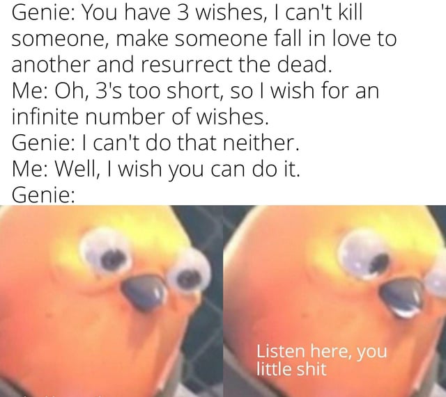 The meme consists of two main parts: a text dialogue at the top and a visual image at the bottom. The text depicts a conversation between a Genie and 'Me' where 'Me' attempts to bypass the Genie's restrictions on wishes (no killing, making someone fall in love, resurrecting the dead, or infinite wishes) by first wishing for infinite wishes (denied), then wishing the Genie could do it. The Genie's response is left blank, replaced by a two-panel image of a round, orange, animated character with large, wide eyes and a slightly open mouth, conveying extreme shock or disbelief. The character appears to be a reused asset from a cartoon or existing meme, emphasizing the Genie's stunned reaction to 'Me's clever (or cheeky) wish.