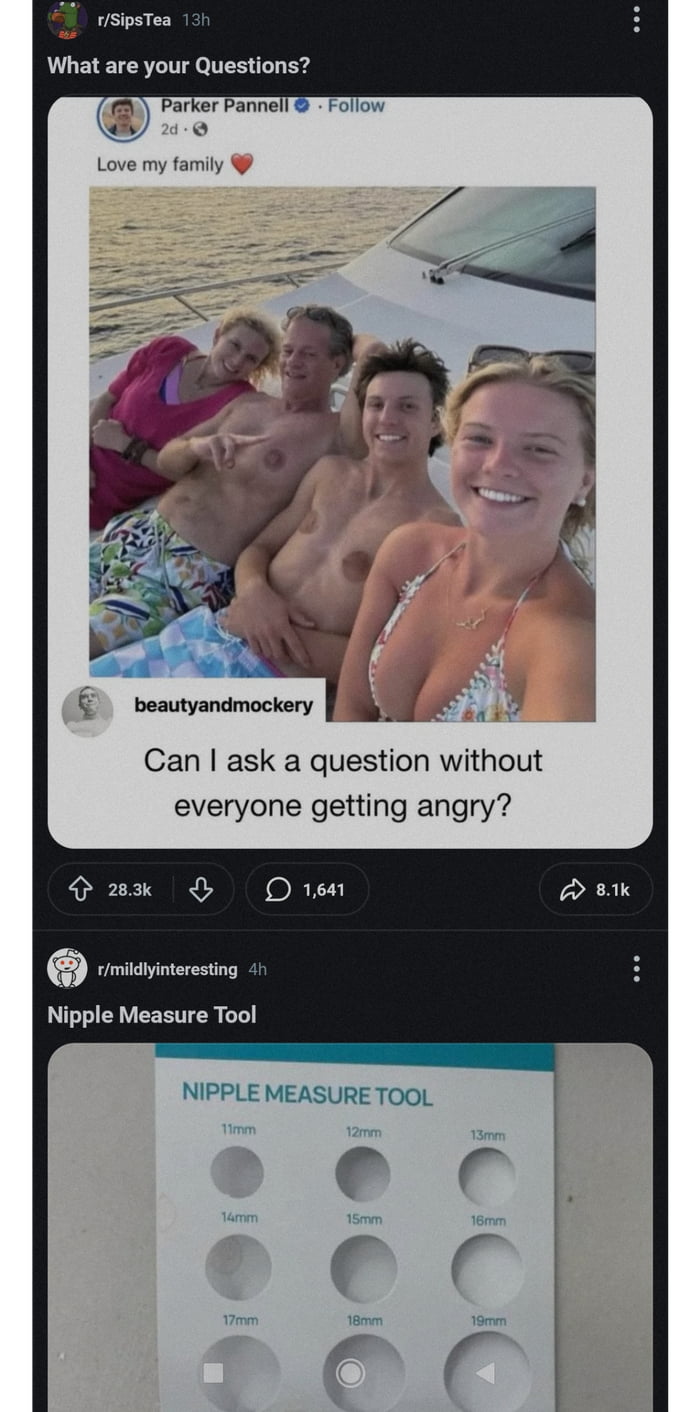 A two-panel collage of Reddit posts. The top panel from r/SipsTea shows a family photo: four people (three shirtless men, one woman in a bikini) posing on a boat, captioned 'Love my family ❤️' by user Parker Pannell. A comment from 'beautyandmockery' asks, 'Can I ask a question without everyone getting angry?' with 28.3k upvotes, 1.6k downvotes, and 8.1k shares. The bottom panel from r/mildlyinteresting displays a 'Nipple Measure Tool' chart with circular cutouts labeled 11mm to 19mm. The humor arises from the juxtaposition: the family photo's visible male nipples and the comment's implied question, paired with the nipple measurement tool, creating a funny coincidence.