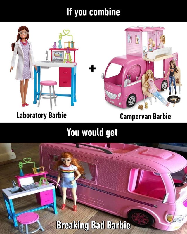 This is a three-panel collage meme that creates a humorous pop culture crossover. The top section displays two Barbie toy sets: Laboratory Barbie (a Barbie doll with a full lab station setup) and Campervan Barbie (a pink expandable camper van with multiple Barbie dolls relaxing around it), with the text 'If you combine' above them. The middle text reads 'You would get', leading to the bottom panel: the laboratory station placed directly next to the pink camper van, with a Barbie doll standing beside it, labeled 'Breaking Bad Barbie'. The joke relies on referencing the hit TV series *Breaking Bad*, where the main characters use a recreational vehicle as a mobile laboratory to manufacture illegal methamphetamine. It parodies the family-friendly Barbie brand by linking it to the dark, adult-themed premise of the show, using the combination of a lab and a camper van as the punchline.