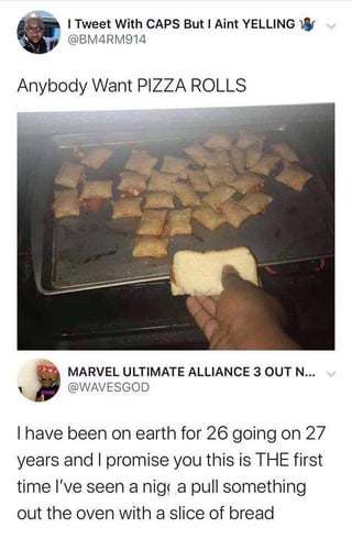 This is a screenshot of two consecutive public Twitter (now X) posts. The first post, from user @BM4RM914, asks 'Anybody Want PIZZA ROLLS' and is paired with a photo of pizza rolls on a metal baking tray inside an oven: a person is using a plain slice of white bread as an improvised, heat-resistant grip to pull the hot baking tray out of the oven. The second post is a reply from user @WAVESGOD, who jokes that in their 26 going on 27 years of life, this is the first time they have ever seen someone retrieve a hot tray from the oven using a slice of bread in place of an oven mitt. The humor derives from the absurd, unexpectedly resourceful improvised kitchen hack that most viewers would never think to attempt.