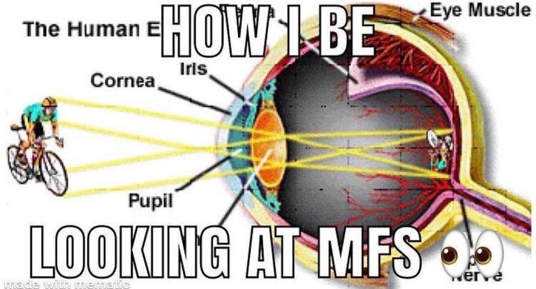 This humorous edited meme repurposes a standard educational cross-section diagram of the human eye, which is labeled with correct anatomical terms including cornea, iris, pupil, eye muscle, and optic nerve. Yellow light rays are shown entering the eye from an illustrated cyclist riding a road bike, with the cyclist also appearing as the projected image on the back of the eye's retina. Large bold overlaid text reads 'HOW I BE' at the top of the diagram and 'LOOKING AT MFS' at the bottom, paired with small googly eye emojis. The joke is an exaggerated relatable gag implying that when the creator looks at other people (referred to by the internet slang 'MFS', short for motherfuckers), they perceive them as if they are speeding towards them on a bicycle, used humorously to convey intense staring, judgment, or hyper-awareness of others.