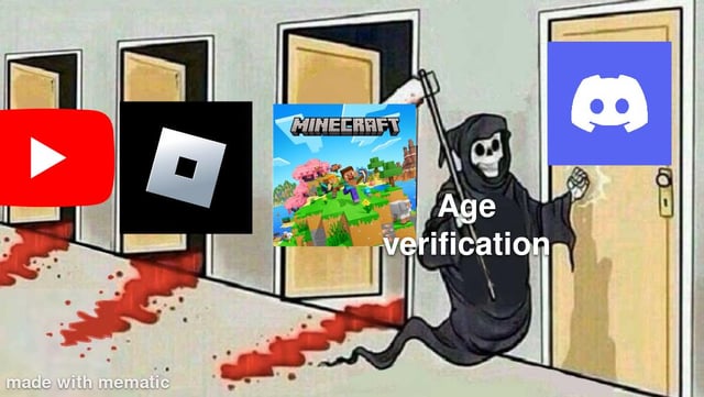 A meme depicting a hallway with four doors, each displaying a different platform/logo: YouTube (leftmost), TikTok, Minecraft, and Discord (rightmost). The first three doors are open, with blood trails leading out from them. A Grim Reaper character, labeled 'Age verification' in white text, stands in front of the closed Discord door, holding a scythe and appearing to attempt entry. The bottom-left corner has a watermark reading 'made with mematic'.