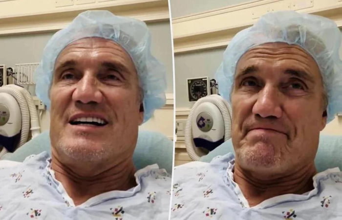 This is a two-panel side-by-side collage of well-known action actor Dolph Lundgren inside a hospital room. He wears a standard light blue disposable surgical hair cap and a printed hospital patient gown, with common medical equipment visible in the background of both panels. In the left panel, he shows a small relieved smile while looking upwards. In the right panel, he has an emotional, teary, grateful expression with his lips pressed together, capturing his reaction after successfully overcoming cancer following a 9-year long battle with the illness.