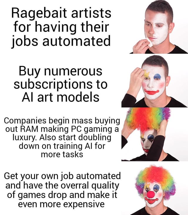 A multi-panel meme featuring a man progressively applying clown makeup, paired with text critiquing the irony of supporting AI art. The panels read: 1) 'Ragebait artists for having their jobs automated' (man wiping face), 2) 'Buy numerous subscriptions to AI art models' (man painting clown eyes), 3) 'Companies begin mass buying out RAM making PC gaming a luxury. Also start doubling down on training AI for more tasks' (man adjusting rainbow wig), 4) 'Get your own job automated and have the overall quality of games drop and make it even more expensive' (full clown makeup). The visual joke uses clown makeup progression to symbolize increasing absurdity of supporting AI art leading to negative consequences for the supporter.