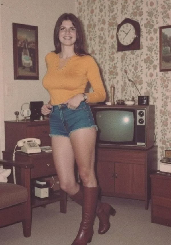 This is a vintage color photograph, likely taken in the 1970s, showing a young smiling woman posing indoors in a retro residential living room. The woman wears a form-fitting yellow long-sleeve top, high-waisted frayed cut-off blue denim shorts, and tall brown heeled leather boots, presenting a trendy, fashionable look typical of the era. The surrounding room features period decor: floral patterned wallpaper, a wood-encased analog CRT television, a white rotary landline telephone on a small wooden side table, a wall-mounted analog clock, dark wooden storage furniture, framed artwork on the walls, and a fabric upholstered armchair in the corner. The accompanying post title notes that the woman pictured is now a grandmother, contrasting her current older identity with her stylish, cool younger self shown in the photo.