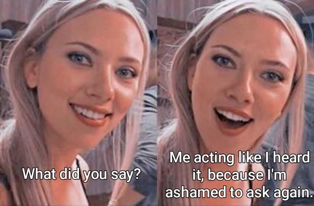 A two-panel meme featuring a person with long blonde hair. The left panel displays the text 'What did you say?' alongside a confused expression, while the right panel shows the text 'Me acting like I heard it, because I'm ashamed to ask again' with a forced smile. This meme humorously portrays a common ADHD experience where one might fail to hear someone and pretend to have understood to avoid asking for repetition, highlighting relatable social anxiety in such situations.