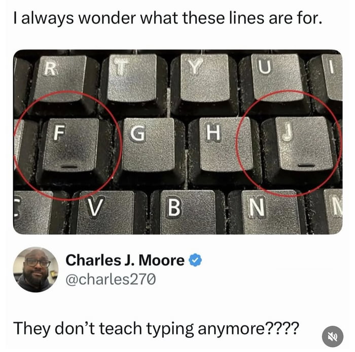 The image features three main components: a top text stating 'I always wonder what these lines are for,' a close-up photograph of a computer keyboard with the 'F' and 'J' keys circled in red (highlighting their small raised lines), and a bottom comment section from verified user Charles J. Moore (@charles270) reading 'They don't teach typing anymore????' The raised lines on the 'F' and 'J' keys are traditional touch typing guides, indicating the home row position for index fingers. The meme humorously contrasts the confusion of someone unaware of these lines with the commenter's surprise at the decline in typing education.
