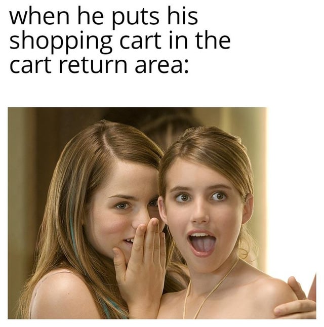 The meme consists of a top text caption that reads 'when he puts his shopping cart in the cart return area:' followed by a photograph of two young women. The woman on the left has long brown hair with a blue streak, her hand raised to her mouth as if sharing a secret or whispering. The woman on the right has light brown hair, wide eyes, and an open mouth, displaying a shocked or amazed expression. The humor is derived from the exaggeratedly positive reaction to the mundane yet responsible act of returning a shopping cart, implying that such behavior is unexpectedly impressive or rare enough to elicit surprise.