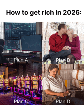 A collage meme titled 'How to get rich in 2026' featuring four quadrants labeled Plan A to D. Plan A shows multiple computer monitors displaying stock charts, implying investing. Plan B depicts a young man sitting and kissing an elderly woman, humorously suggesting marrying for wealth. Plan C features brightly lit slot machines, representing gambling. Plan D shows a man sitting next to large money bags, possibly implying inheritance or illegal means. The meme uses visual contrast to satirize various (often absurd) methods of achieving wealth.