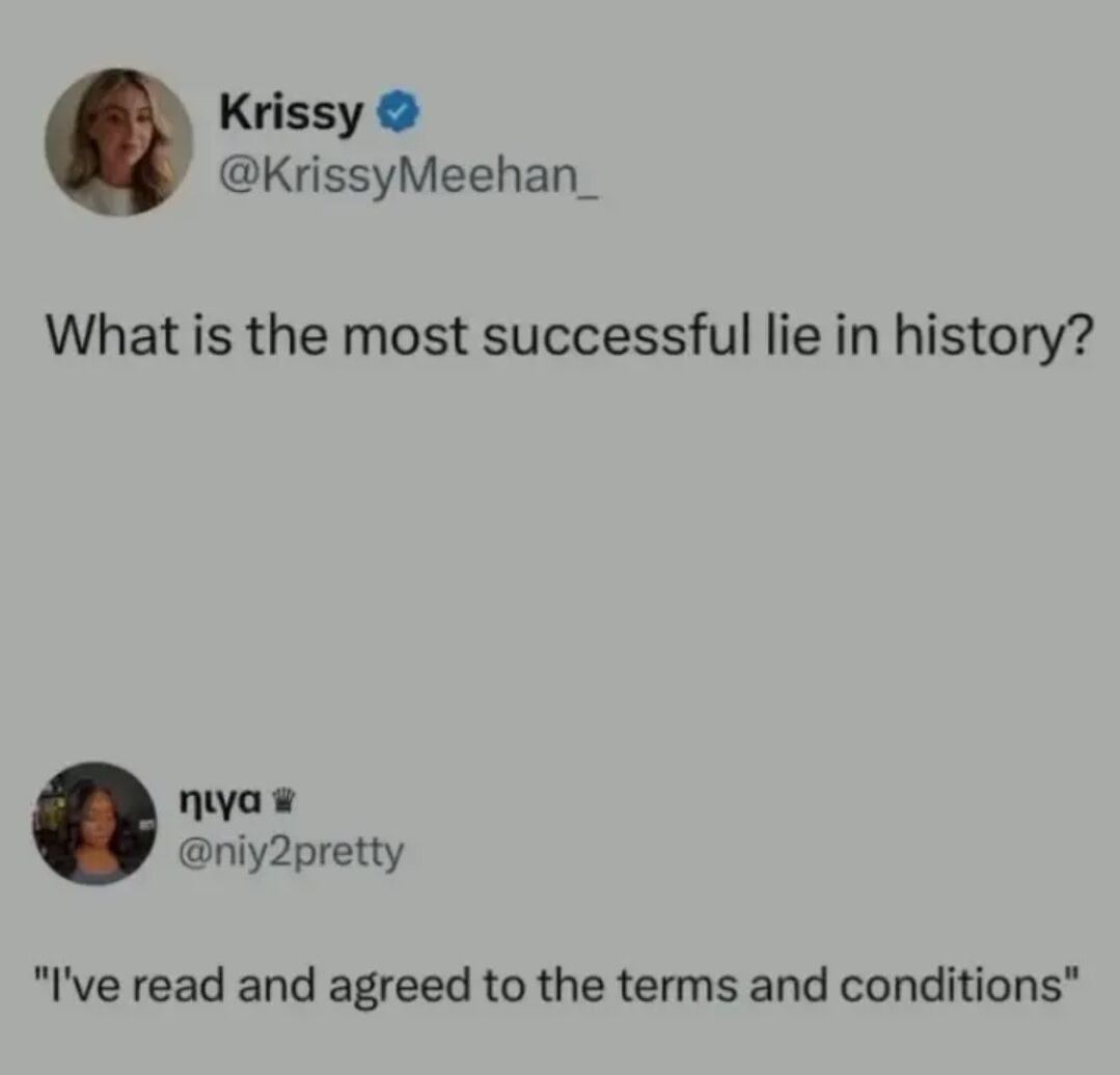 This image is a screenshot of a conversation on X (formerly Twitter), where user Krissy asks the question: "What is the most successful lie in history?", and user niy2pretty replies with a witty, relatable joke answer: "I've read and agreed to the terms and conditions". The joke plays on the universal truth that almost no one ever actually reads the full terms of service or user agreements before clicking agree online, making this statement the most widespread successful lie that nearly everyone has told.