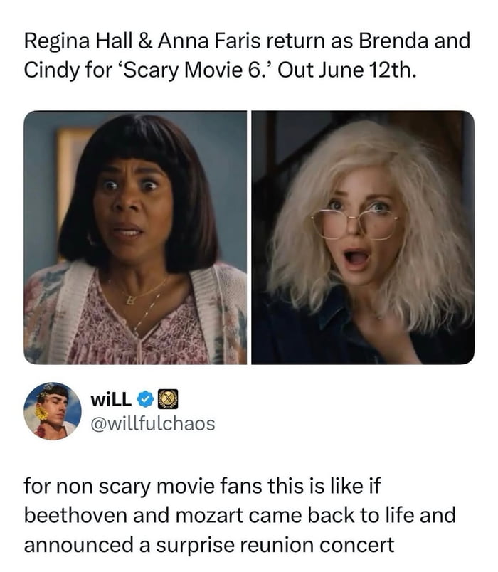 This meme is a collage featuring two side-by-side portrait images of Regina Hall (as Brenda) and Anna Faris (as Cindy) from the *Scary Movie* franchise, both with shocked, excited expressions. Above the portraits, text announces: "Regina Hall & Anna Faris return as Brenda and Cindy for ‘Scary Movie 6.’ Out June 12th." Below this, a screenshot of a Twitter/X comment from user @willfulchaos reads: "for non scary movie fans this is like if beethoven and mozart came back to life and announced a surprise reunion concert". The joke frames the return of these beloved parody film characters as an iconic, once-in-a-lifetime event for fans, equating their reunion to that of two legendary classical music composers to emphasize its cultural significance for comedy movie lovers.