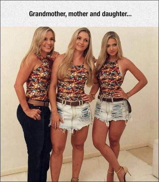 The image displays three blonde women posing side-by-side against a plain light-colored wall. All three women wear the same patterned multicolored halter top. The leftmost woman wears dark jeans, while the middle and rightmost women wear matching distressed light-wash denim shorts. Text at the top of the image reads "Grandmother, mother and daughter...". The core joke of the meme is that all three women appear extremely youthful and very similar in appearance, making it nearly impossible for viewers to identify which woman belongs to which generation, highlighting the impressive, seemingly age-defying appearance of the older two members of the family.