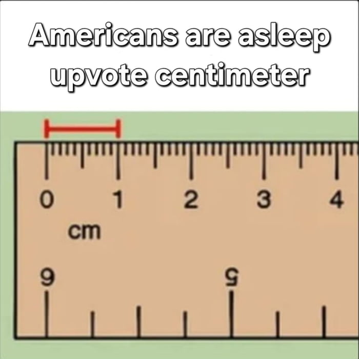 This meme features a top text line reading 'Americans are asleep upvote centimeter' above a double-sided ruler graphic. The upper edge of the ruler shows a standard, correct metric centimeter scale marked from 0 to 4 cm, with a red line highlighting a 1 cm length. The lower edge of the ruler displays a nonsensical, incorrectly labeled fake measurement scale with random numbers 9 and 5 visible. The joke plays on the common stereotype that most people in the United States are unfamiliar with the metric system, as the US primarily uses the imperial measurement system, implying Americans would not notice the absurd fake scale if they are not awake, and jokingly encouraging users to upvote the metric centimeter unit.