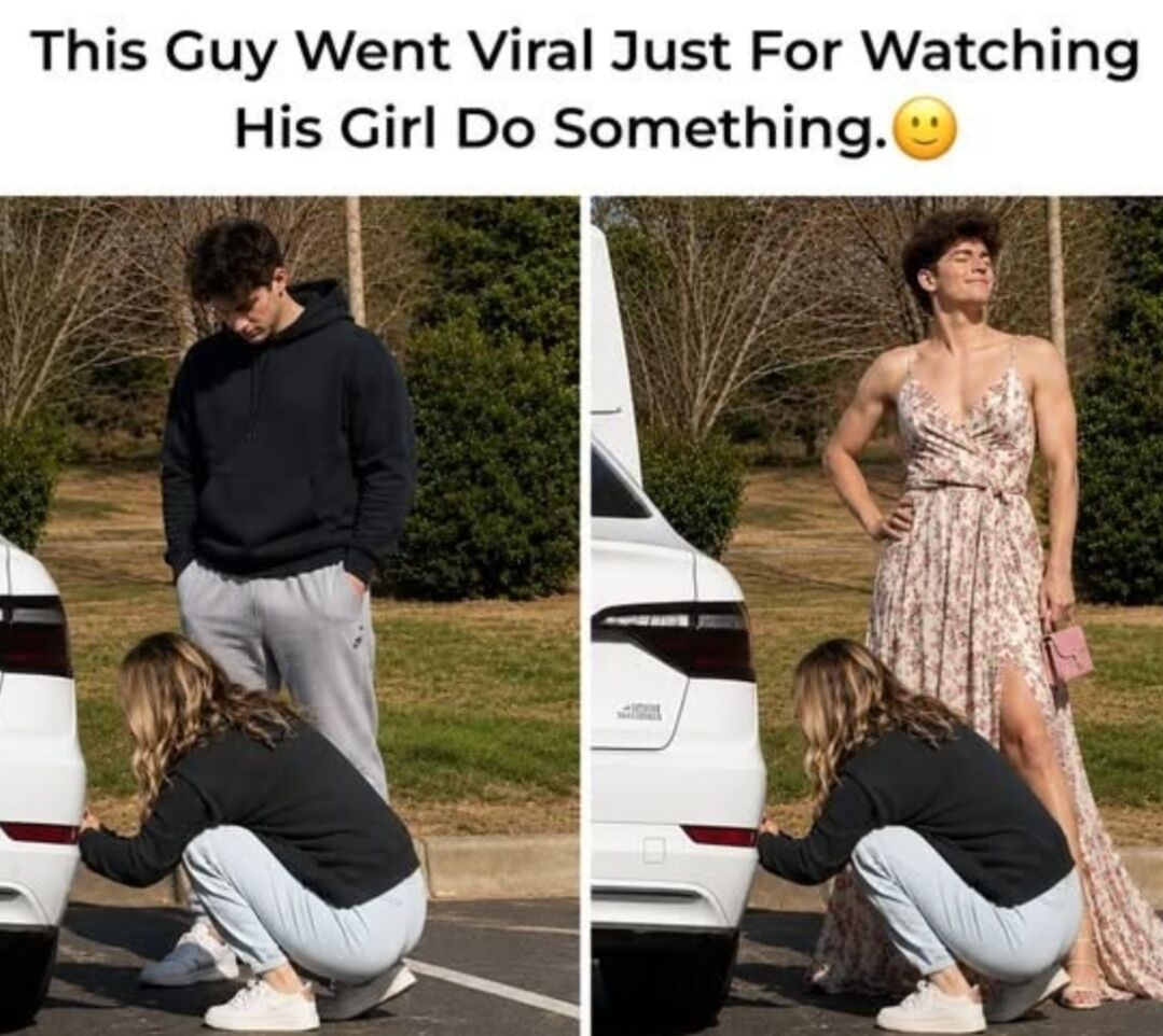 This is a two-panel comedic meme. The top caption states 'This Guy Went Viral Just For Watching His Girl Do Something.' alongside a smiley face emoji. The left panel shows a man in casual streetwear (black hoodie, gray sweatpants) standing with his hands in his pockets looking down at his girlfriend, who is crouched next to the rear of a white car appearing to work on it. The right panel is the unexpected punchline: the same man is now wearing a long sleeveless floral sundress, holding a small pink handbag, standing with one hand on his hip and a pleased, smug expression, while the girlfriend remains crouched by the car in the same position. The joke subverts the viewer's initial expectation that the girlfriend was performing a task like car maintenance, revealing instead that the 'something' she was doing was helping the man crossdress.