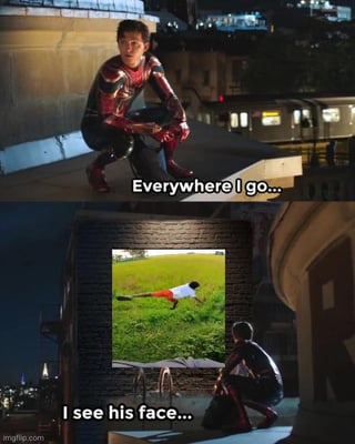 This is a two-panel image macro meme. The top panel features Tom Holland as Spider-Man in his Iron Spider suit, crouching on a city rooftop at night, overlaid with the text 'Everywhere I go...'. The bottom panel shows the same Spider-Man figure gazing at a large wall-mounted display of the widely circulated viral video clip of a young boy falling mid-air off a hoverboard into a grassy field, with overlaid text reading 'I see his face...'. The joke expresses relatable exasperation at how frequently this specific viral hoverboard fail video is reposted across social media platforms, to the point it feels impossible to avoid encountering it.