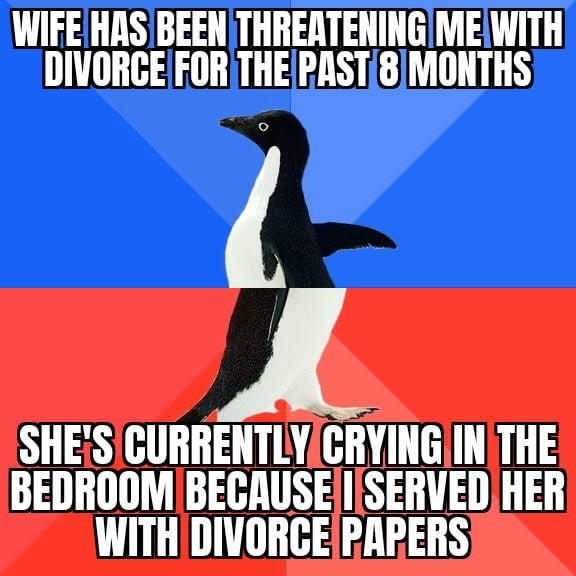 This is a two-panel meme using the classic Socially Awkward/Awesome Penguin format. The upper panel sits on a blue background, showing the penguin with an awkward wide-eyed expression, paired with text explaining the poster's wife has been threatening him with divorce for 8 months. The lower panel sits on a red background, showing the penguin striding confidently, paired with text revealing the poster served his wife divorce papers first, and she is now crying in the bedroom. The humor comes from the unexpected reversal of the situation, where the party being threatened with divorce took pre-emptive action that caught his wife off guard.