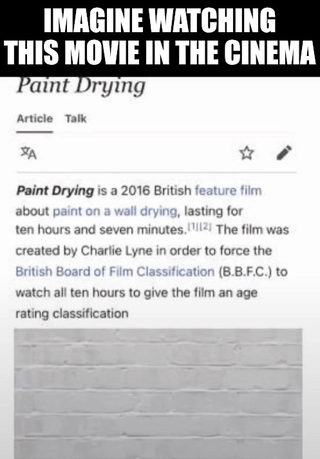 This meme features a screenshot of the Wikipedia entry for the real 2016 British experimental film *Paint Drying*, with large added text at the top that reads 'IMAGINE WATCHING THIS MOVIE IN THE CINEMA'. The Wikipedia entry explains the film is a 10 hour and 7 minute long movie consisting only of footage of paint drying on a wall, created as a protest to force the British film classification board to watch the entire runtime to issue a rating. The joke plays on how incredibly boring and absurd it would be to sit through this extremely long, almost entirely uneventful film in a cinema, which aligns with the common relatable joke about wasting huge amounts of time on mind-numbingly boring content when you are bored.