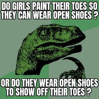 This is a single-panel meme using the classic Philosoraptor template, which depicts a stylized green velociraptor with a thoughtful, pondering expression against a two-tone muted green background. The text above the raptor reads 'DO GIRLS PAINT THEIR TOES SO THEY CAN WEAR OPEN SHOES ?', and the text below reads 'OR DO THEY WEAR OPEN SHOES TO SHOW OFF THEIR TOES ?', posing a humorous chicken-or-egg style question about the order of women's fashion and beauty choices. As a lighthearted answer to the question, the motivation varies between individuals: some people paint their toenails specifically to wear open-toe shoes, others wear open shoes intentionally to display their painted toenails, and many people alternate between both rationales depending on the situation.