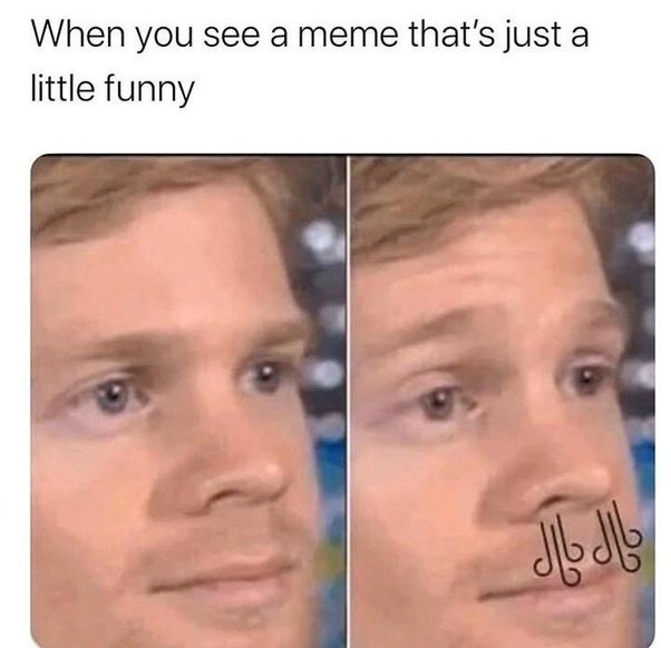 This is a two-panel reaction meme. The top text reads "When you see a meme that's just a little funny". The left panel shows the popular "Blinking White Guy" (Drew Scanlon) with a neutral, blank facial expression. The right panel shows the same person with small curly squiggles drawn over his mouth, representing a very restrained, tiny suppressed smile, conveying the relatable feeling of finding a meme only mildly amusing rather than laugh-out-loud funny.