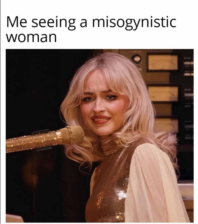 This is a reaction meme consisting of two parts: text at the top reads 'Me seeing a misogynistic woman', placed above a photo of singer Sabrina Carpenter making a visibly confused, disgusted grimace with a furrowed brow while positioned in front of a glittery gold microphone. The meme expresses disbelief and frustration at women who hold misogynistic beliefs that work against the rights and well-being of their own gender, aligning with the core sentiment of questioning why someone would oppose their own demographic group.