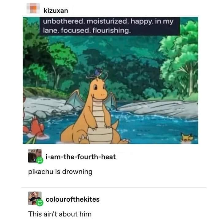 This meme is a screenshot of a social media thread. The top post features a screenshot from the Pokémon anime of Dragonite sitting calmly on the bank of a river, with a small bird resting on his head. The text overlay on the image reads 'unbothered. moisturized. happy. in my lane. focused. flourishing.' A reply comment points out that Pikachu is visibly drowning in the river in the background of the image, to which a second reply responds 'This ain't about him'. The humor derives from the contrast between Dragonite's peaceful, self-focused positive state and the obvious emergency happening nearby that is being intentionally dismissed to prioritize Dragonite's good mood.